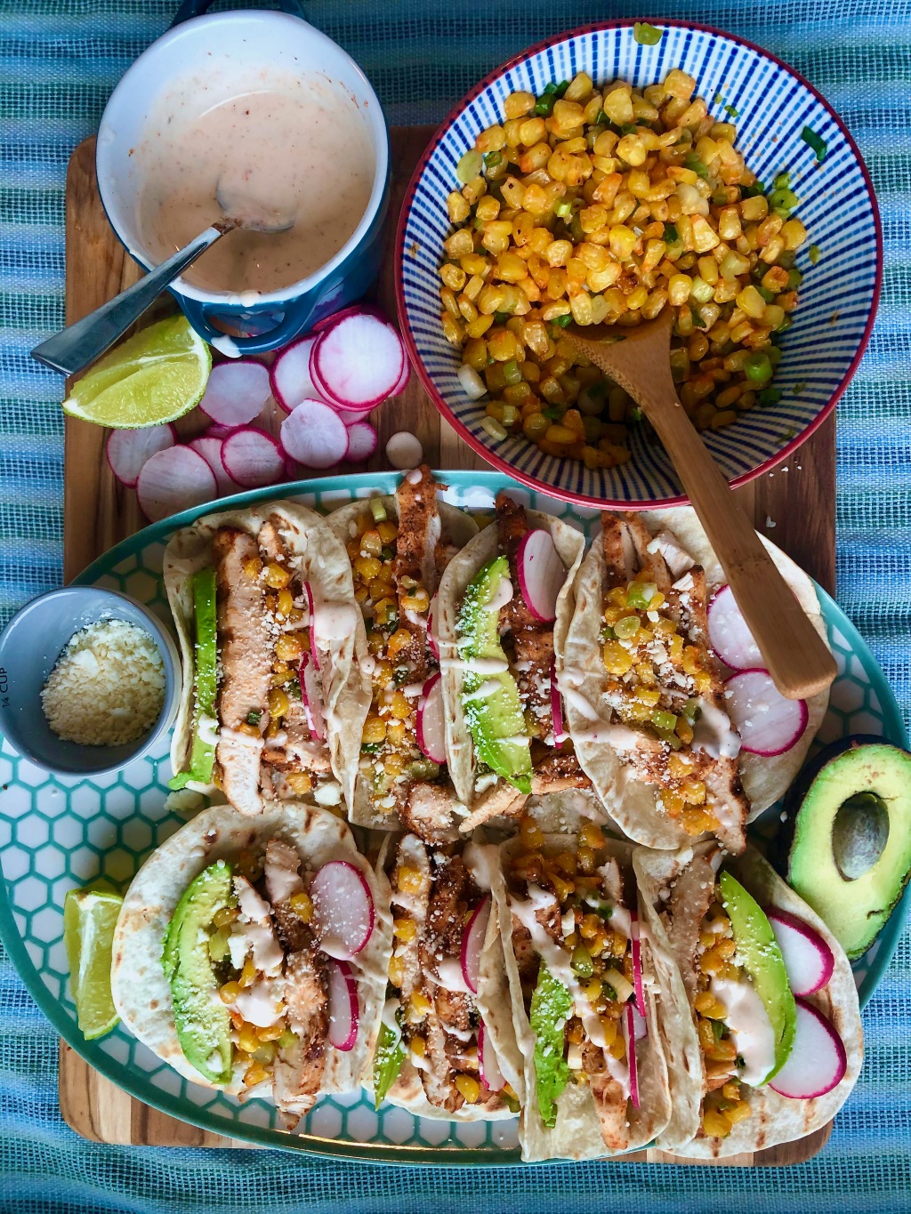Grilled Chicken Street Tacos with Roasted Corn Salsa and Feta